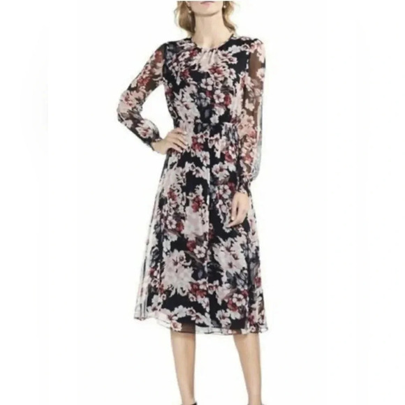 Vince Camuto Womens Black Pink Floral Timeless Blooms Cinch Waist  Midi Dress S - Picture 1 of 16
